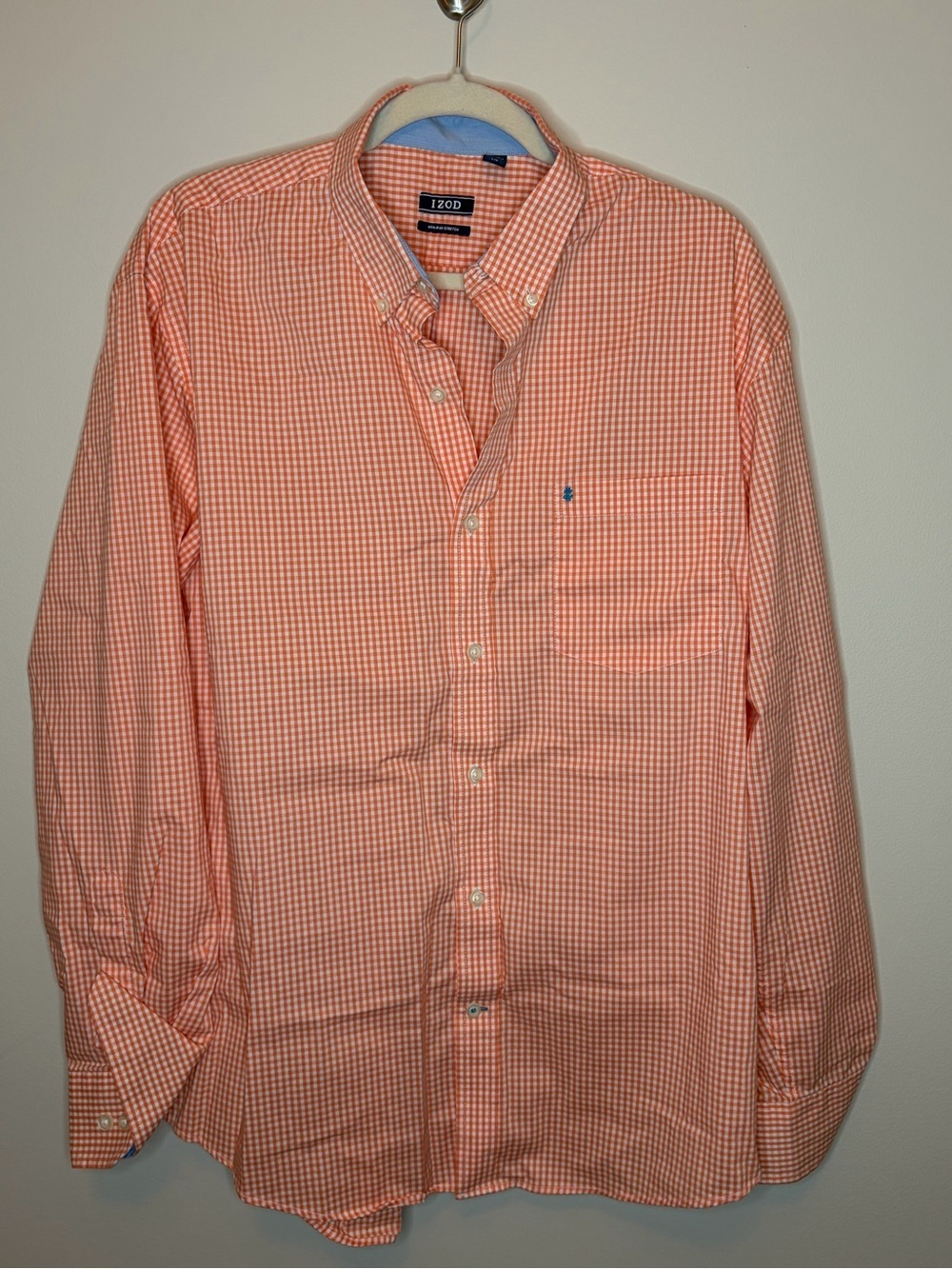 IZOD Orange & White Gingham Non-Iron Stretch Shirt Large - Picture 3 of 7